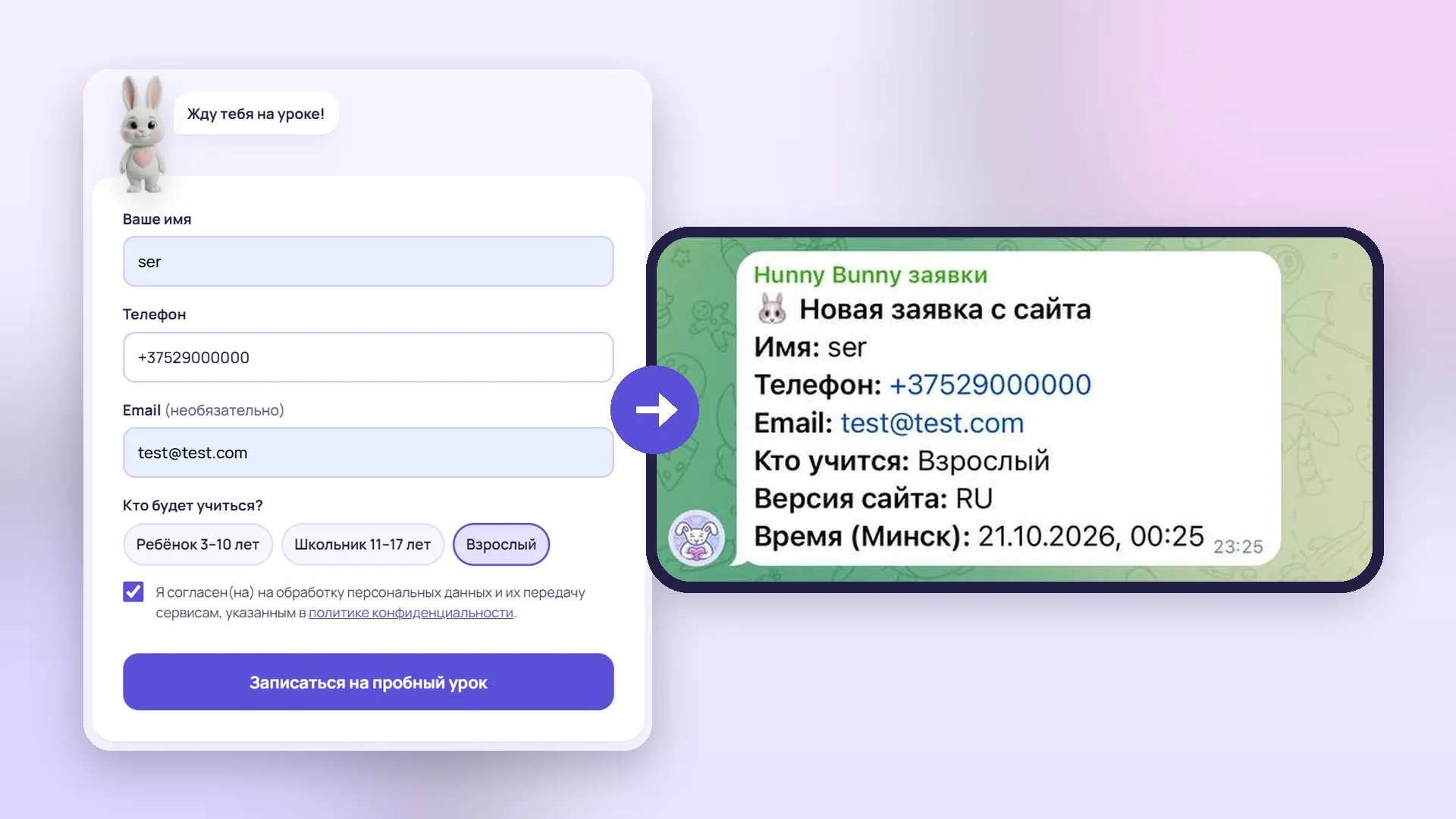 Formularz zapisu na stronie i zgłoszenie, które od razu przychodzi do Telegrama (dane testowe)