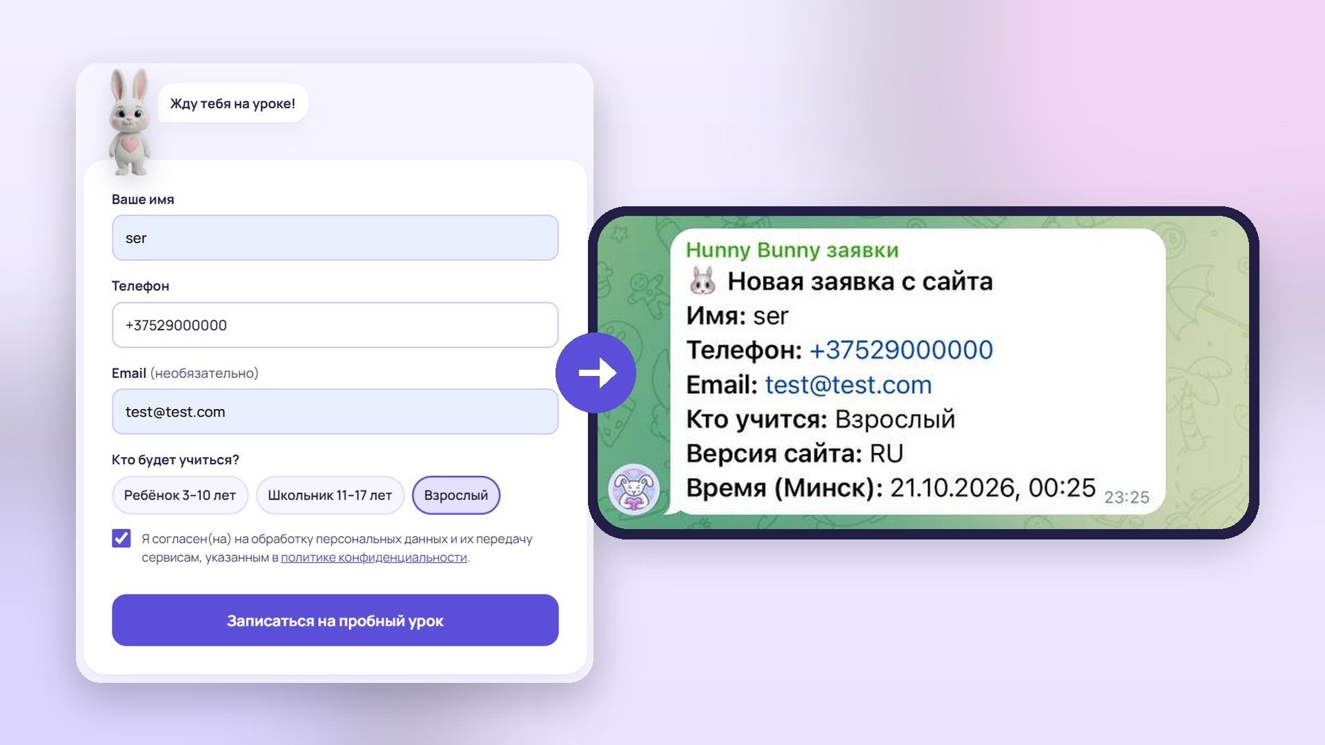 Formularz zapisu na stronie i zgłoszenie, które od razu przychodzi do Telegrama (dane testowe)